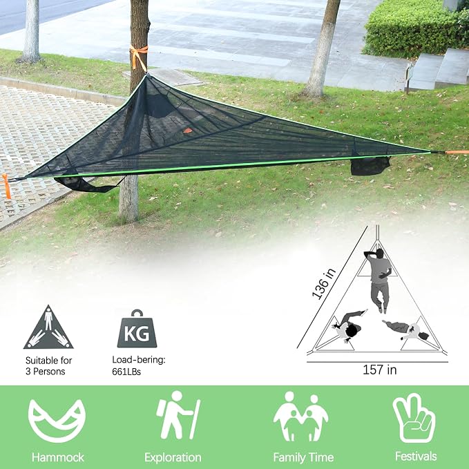 Triangle Hammock 13ft Camping Hammock for Outside Portable Outdoor Travel Multi Person Tree Hammock with 3 Ratchet Tie Down Straps & Net Pocket Max 800 lbs for 2-6 Adult Kid (157''/400cm)