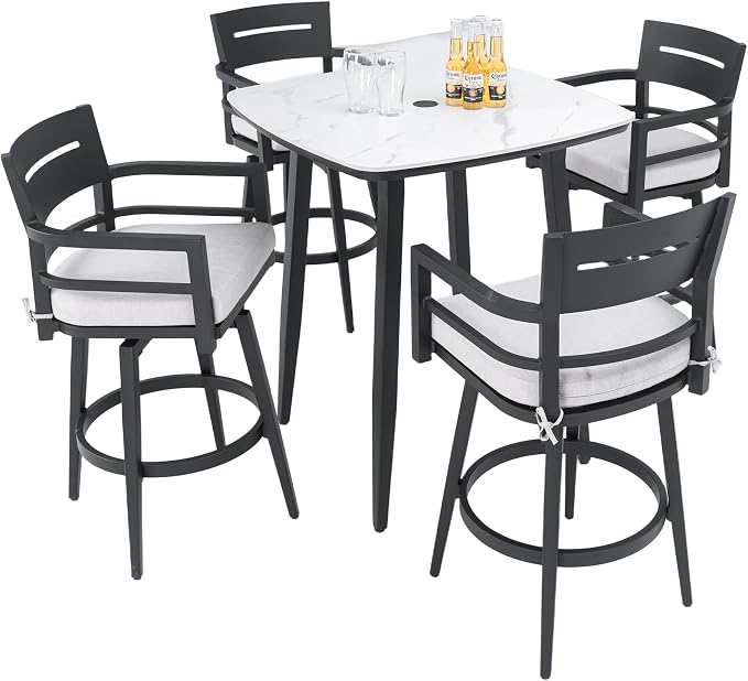 Modern 5-Piece Outdoor Patio Bar Table Set for 4, Small Square Marble Stone Table with 4 Weather-Resistant Swivel Bar Chairs, Aluminum Frame and Umbrella Hole, Sunbrella Cushion
