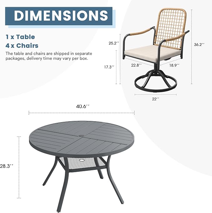 DIFY 5 Pieces Outdoor Dining Set, Metal Patio Table and Chairs Set for 4, 40.6" Round Dining Table with Umbrella Hole & Wicker Swivel Patio Chairs with Cushions, Grey Tabletop