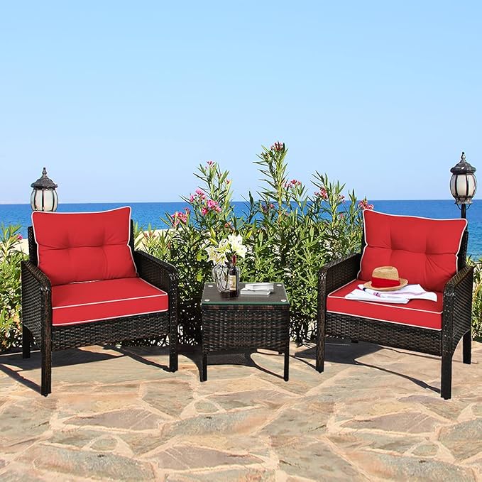 ORALNER 3-Piece Patio Conversation Set, All-Weather Wicker Sofa Chair and Coffee Table Set with Thick Cushions, Outdoor Furniture, Rattan Bistro Set for Balcony Deck Porch Poolside Garden (Red)
