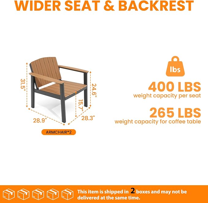 2 Pieces Aluminum Patio Furniture Armchair, All-Weather Outdoor Armchair Aluminum Frame HDPS Faux Wood, Patio Sofa Couch Set of 2 for Porch, Balcony, Deck, Yard Nature Wood