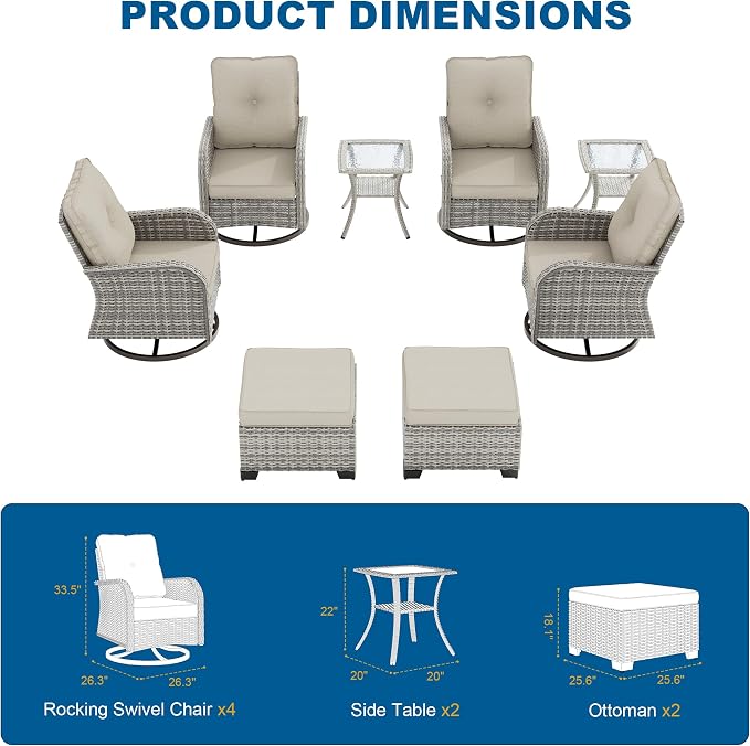 8-Piece Small Patio Furniture Set, Outdoor Swivel Rocking Chairs Set with Ottomans, Patio Bistro Set for Balcony, Deck, Porch,Ivory
