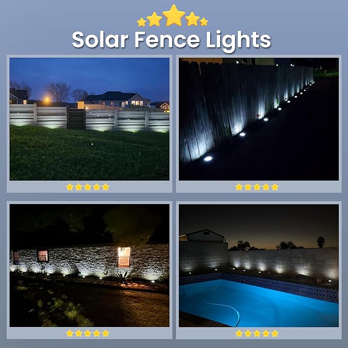 GIGALUMI Solar In-Ground Fence Lights - 12 Pack Cool White, Waterproof Fence Perimeter Lights, No-Drill Installation, Compatible with Wood, Metal, Vinyl, Concrete and Composite Fences