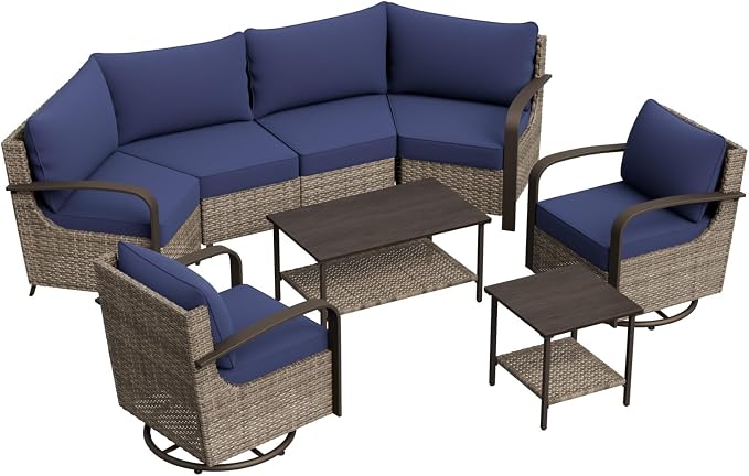 COOS BAY Aurora Terrace 7 Piece Outdoor Sectional Furniture Set, Half Moon Rattan Wicker Conversation Set with Swivel Chairs, 4 Seat Sofa, Coffee & Side Table for Patio Garden Yard, Beige/Blue