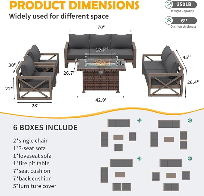 Amopatio Aluminum Patio Furniture Set with Fire Pit, 8 Pcs Metal Patio Sofa Sets with Glass Top Fire Pit Table, Modern Outdoor Furniture with 6" Cushion, Dark Grey (Included Waterproof Covers)