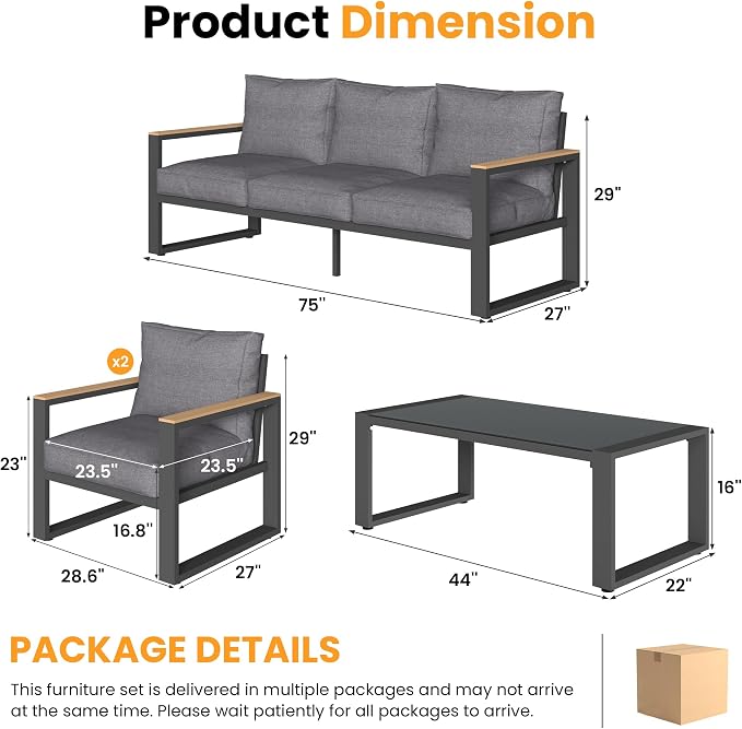 Green4ever Aluminum Patio Furniture Set, 4 Piece Outdoor Conversation Set with Coffee Table, Metal Outdoor Patio Furniture Set for Porch Backyard Garden, Grey