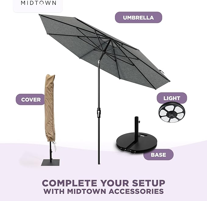Midtown Umbrellas – The Swilt 9 Ft Patio Umbrellas with 360° Swivel & Tilt Mechanism, 8 Fiberglass Ribs & Terylast Polyester Fabric for Backyard, Deck, Pool & Cafes - Greige Canopy, Black Pole
