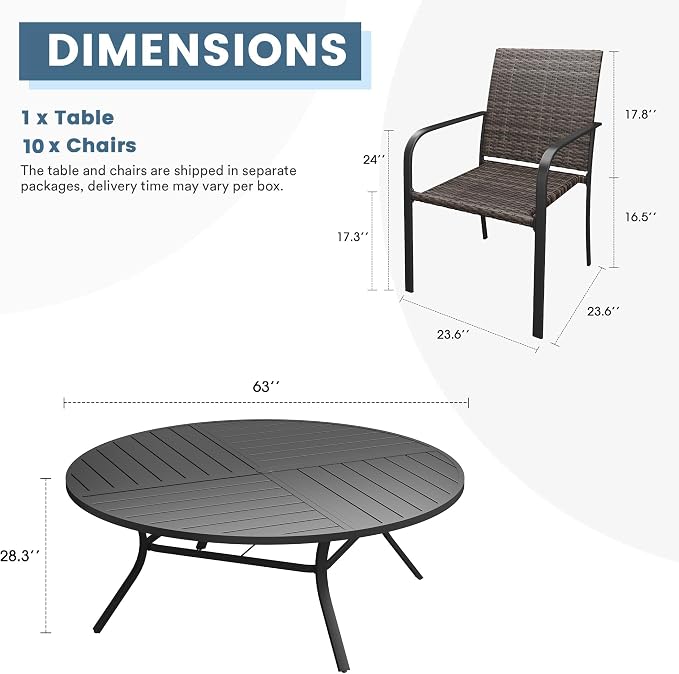 DIFY 11 Piece Outdoor Dining Set for 10, 63" Black Round Metal Dining Table with Umbrella Hole and Stackable Wicker Patio Chairs, All-Weather Patio Table and Chairs Set for Deck Garden Backyard