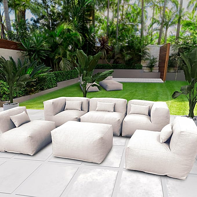 ANNYH CALALUNA 6Pc PATIO Furniture Sectional Conversation Set. Combines 3Middle, 2Corner, 1Ottoman/Coffee OUTDOOR Exp Foam Filled CHAIRS UNIQUE Modular Contemporary Sofa for Pool Garden (Light Beige)
