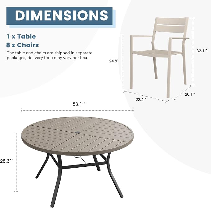 DIFY 9 Piece Outdoor Patio Dining Set for 8, 53.1" Round Dining Table with Umbrella Hole and Stackable Metal Chairs, Patio Table and Chairs Set for Backyard Garden Poolside, Grey Wood-Like & Sandshell