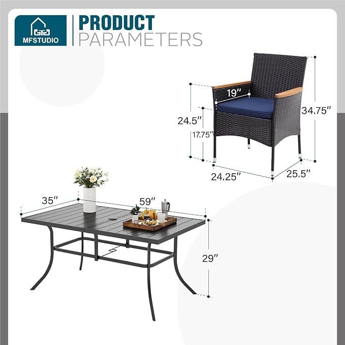 MFSTUDIO 7 Pieces Outdoor Dining Sets for 6, Outdoor Table and Chairs, Patio Rectangular Table Set with Chairs, Wicker Patio Dining Furniture, Porch, Deck