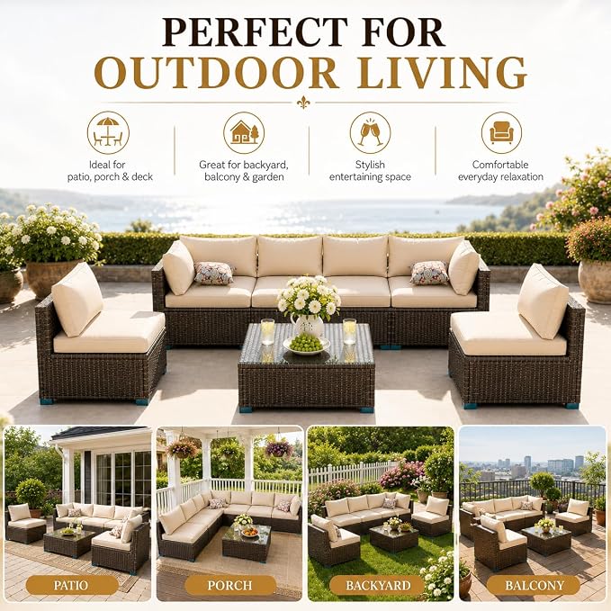 7 Piece Outdoor Sectional Outdoor Patio Furniture Set, Outdoor Patio Furniture Set with Coffee Table, Sectional Couch Sofa with Cushions, Wicker Outdoor Conversation Set for Backyard & Garden, Brown