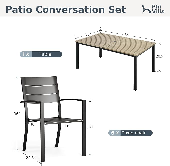 PHI VILLA Outdoor Patio Dining Set for 6,65" Rectangle Wood-Like Table | Metal Steel Table w/ Umbrella Hole& Stackable Wrought Iron Chairs, Outside Furniture Set for Deck, Porch, Backyard