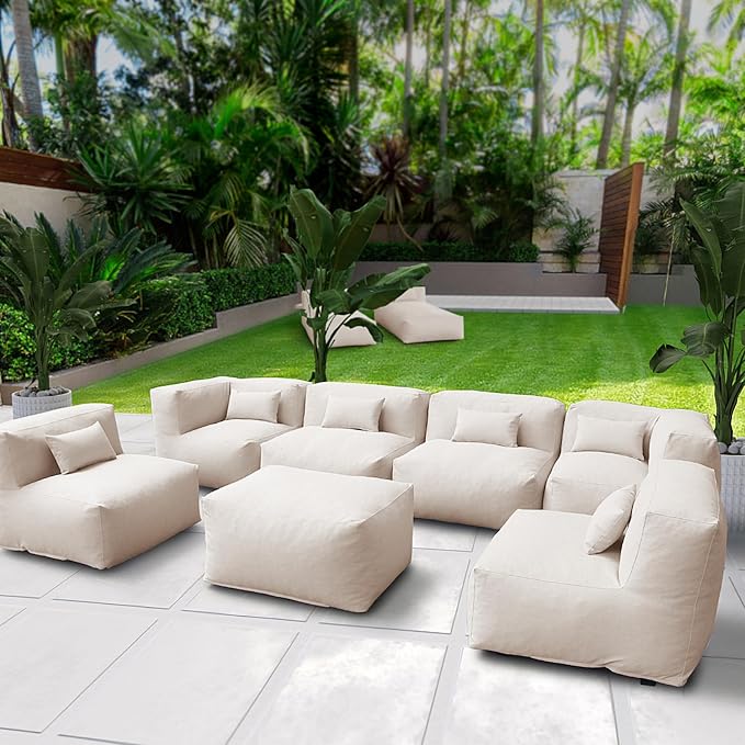 Patio Furniture Set Bean Bag Outdoor Chairs Sectional Conversation Patio Set Daybed Furniture Outdoor Sofa Couch High Density Foam Filling Modern Comfy Patio Couch (Light Beige), A01-7G