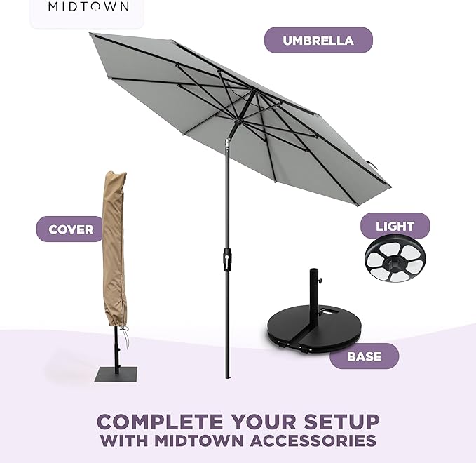 Midtown Umbrellas – The Swilt 10 Ft Patio Umbrellas with 360° Swivel & Tilt Mechanism, 8 Fiberglass Ribs & Terylast Polyester Fabric for Backyard, Deck, Pool & Cafes - Matter Canopy, Black Pole
