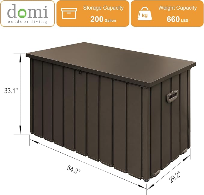 Domi 200 Gallon Deck Box, Outdoor Metal Lockable Storage Cabinet, Waterproof Steel Outdoor Bench with Lockable Lid, Side Handles & Rolling Casters for Outside Cushions, Pillows, Garden Tools, Brown