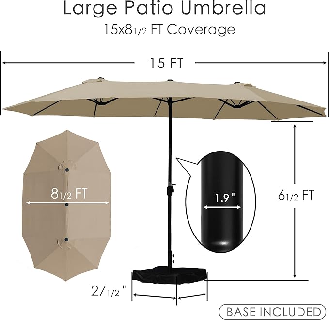 Kozyard 15 FT Rectangular Double-Sided Patio Umbrella with Solar Lights, Outdoor Patio Umbrella with Crank Lift, Base Included, UV-Resistant for Pool, Backyard & Garden Beige