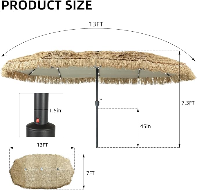 13ft Thatch Umbrella with Solar Lights Tiki Bench umbrella With Crank, Water-resistant for Bench, Patio,Pool