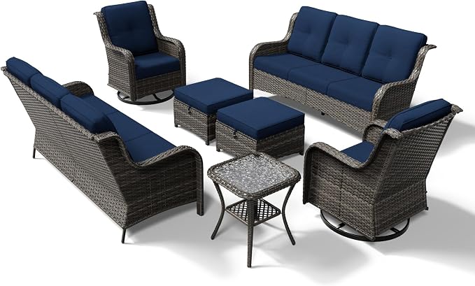 Joyside 7 Piece Wicker Patio Furniture Set, Outdoor Swivel Rocker Patio Chairs with High Back, Deep Seating, Wide Armrest, Thickened Cushions, Outdoor Furniture for Deck, Porch Use
