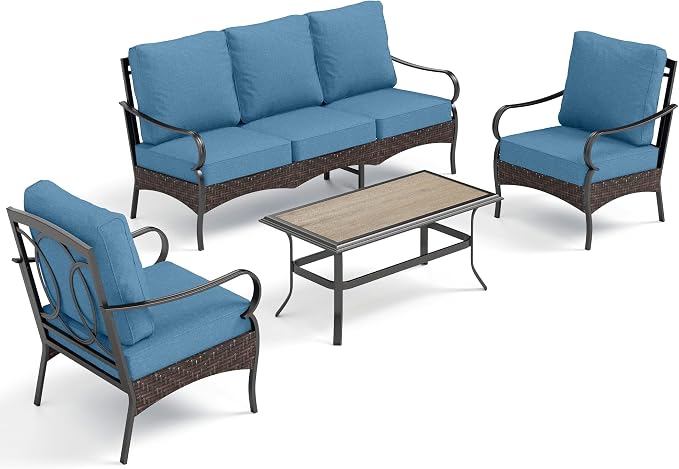 PHI VILLA Outdoor Modern Patio Furniture Set, Upgraded Wicker & Metal Patio Furniture Conversation Set with Waterproof Thick Cushions for Porch, Poolside, Yard (4 Pieces,Navy)