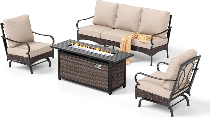 Patio Furniture Set with 56" Fire Pit Table, Premium Outdoor Wicker Metal Frame Furniture with Upgraded Waterproof Thick Cushions for Porch, Poolside, Deck, and Yard (4 Pieces,Beige)