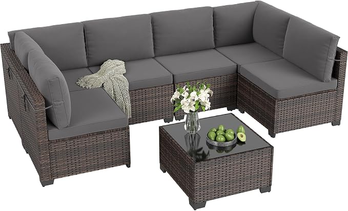 Soohow 7-Piece Patio Furniture Set, Outdoor Conversation Set, Thickened All-Weather Rattan Sectional Sofa with Tempered Glass Table for Garden, Porch, Backyard - Grey Cushions