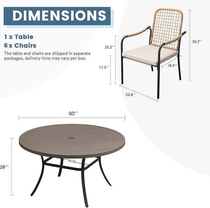 DIFY 7 Pieces Outdoor Dining Set for 6, 50" Round Dining Table with Umbrella Hole & Wicker Stackable Patio Chairs with Cushions, Metal Patio Table and Chairs Set for Backyard Porch, Grey Wood-Like