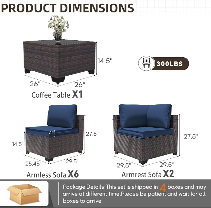 Patio Furniture Set 9 Pieces Outdoor Sectional Sofa Set,All Weather Wicker Patio Sofa PE Rattan Patio Conversation Set w/Cushions and Glass Coffee Table,Navyblue