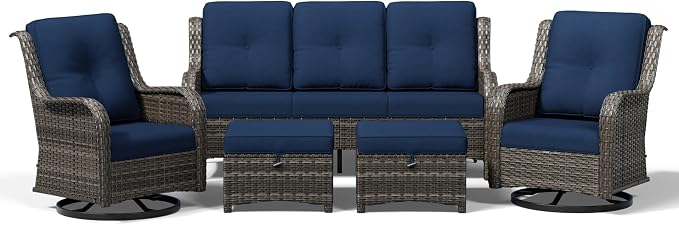 Joyside 5 Piece Wicker Patio Furniture Set, Outdoor Swivel Rocker Patio Chairs with High Back, Deep Seating, Wide Armrest, Thickened Cushions, Outdoor Furniture for Deck, Porch Use