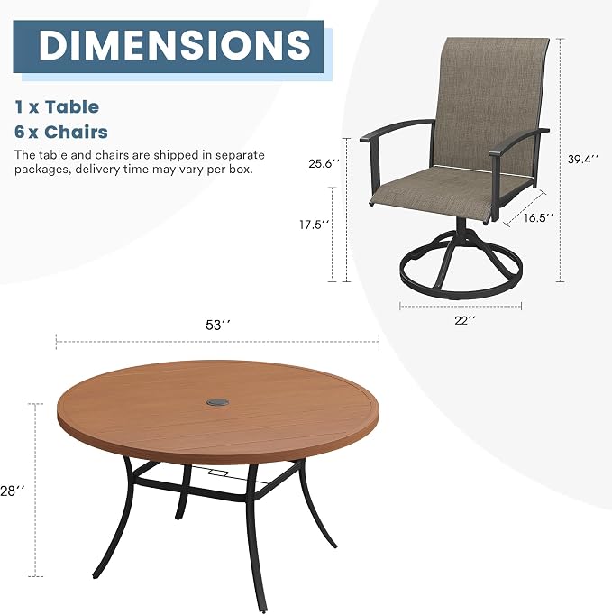 DIFY 7 Pieces Outdoor Dining Set for 6, 53" Walnut Round Metal Table with Umbrella Hole and Brown Textilene Swivel Patio Chairs, Patio Table and Chairs Set for Garden, Backyard, Poolside