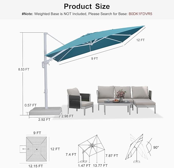 PURPLE LEAF 9' X 12' Right-left Tilt White Cantilever Umbrella with Base Patio Outdoor Swivel Umbrellas with Aluminum Tilt Offset Umbrella with 360° Rotation for Deck Pool, Turquoise