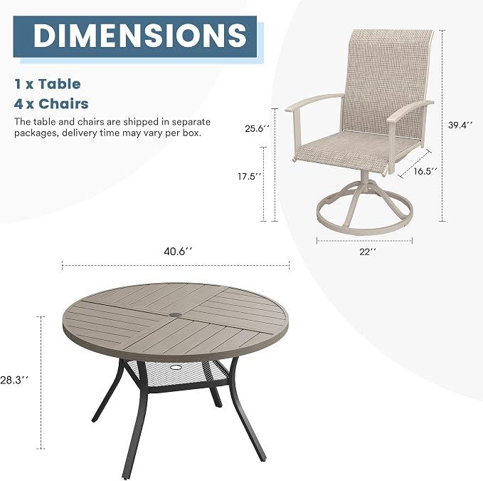DIFY 5 Pieces Outdoor Dining Set, Metal Patio Table and Chairs Set for 4 with Umbrella Hole, 40.6" Grey Wood-Like Round Table and Sandshell Textilene Swivel Patio Chairs for Garden, Backyard, Poolside