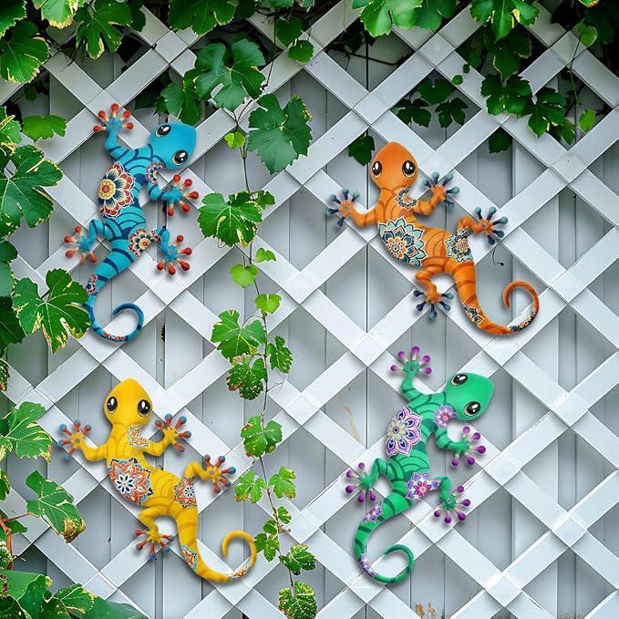 4 Pcs Metal Gecko Outdoor Decorations - Metal Lizards Wall Art Hanging Sculpture Decoration for Garden Yard Fence Porch Exterior Wall Decor