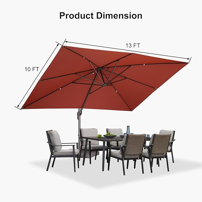 PURPLE LEAF 10' X 13' Patio Cantilever Umbrella with Base Rectangle Umbrella Outdoor with Aluminum Offset Antique Bronze Hanging and 360° Rotation for Pool Garden Deck Patio, Brick Red