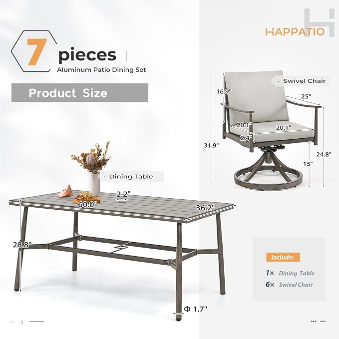 HAPPATIO 7-Piece Outdoor Dining Set for 6, Aluminum Patio Dining Set Includes 6 Swivel Dining Chairs and 1 Large Rectangular Table with Umbrella Hole, Patio Furniture Set for Lawn, Porch, Grey