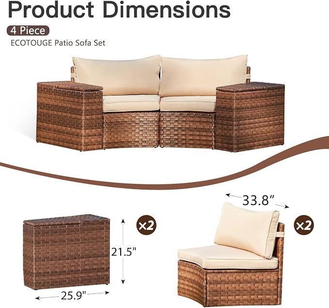 ECOTOUGE Patio Furniture Set, 4 Piece Half-Moon Sectional Round Patio Furniture Set, Wicker Cushion Sofa with 2 Storage Side Table for Pool Backyard Patio Garden(Beige/Brown)