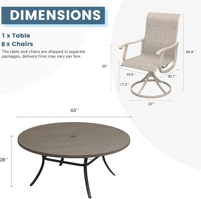 DIFY Outdoor Dining Set for 8, 9 Piece Patio Table and Chairs Set, Swivel Patio Chairs with Sandshell Textilene & 63" Grey Wood-Like Round Metal Dining Table with Umbrella Hole, for Garden Backyard