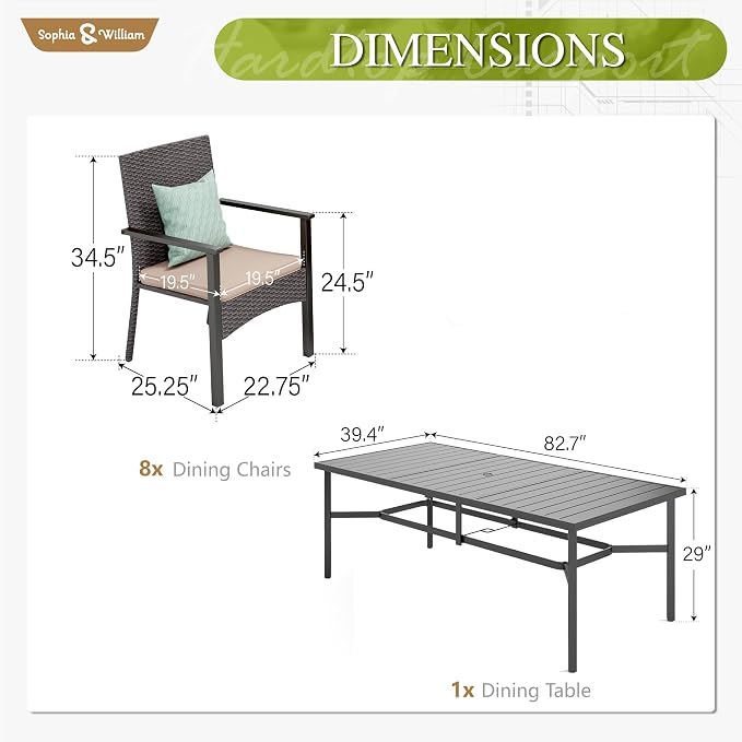 Sophia & William 9 Pieces Patio Dining Set for 8, Outdoor Table and Rattan Chairs Set, 83" L Extra Large Rectangular Table, 1.8" Umbrella Hole, Beige Removable Seat Cushions