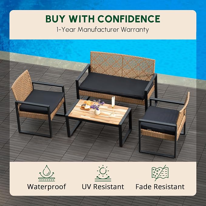 BEEFURNI Wicker Patio Furniture Outdoor Conversation Set of 4, Rattan Outdoor Furniture Set, Acacia Wood Table, 2 Chairs, 1 Loveseat, 2β Cushions, All Weather Set for Patio, Porch, Balcony (Brown)
