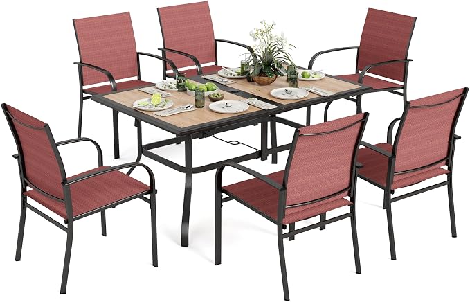 MIXPATIO 7 Pieces Patio Table and Chairs Set, Outdoor Dining Furniture Set for 6, 6 Red Textilene Chairs and 61" Wood-Like Table Top with Umbrella Hole, for Deck Backyard Lawn