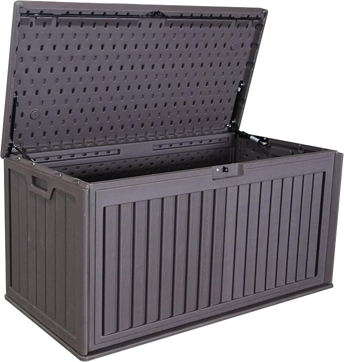 100 Gallon Resin Outdoor Deck Box Waterproof, Plastic Patio Storage Box with Side Handles, Lockable Storage Containers for Patio Furniture Cushions, Pool Accessories, Garden Tools Brown