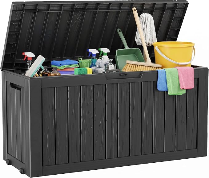 Outdoor Storage Box, 90 Gallon Resin Deck Box, Indoor Outdoor Waterproof Storage Bins With Wheels for Patio Cushions, Gardening Tools, Lockable, Black