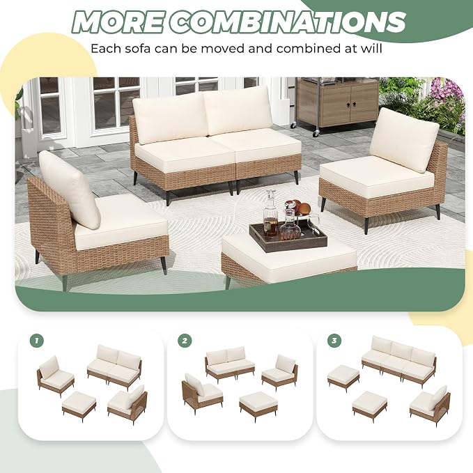 LVUYOYO 5 Pieces Outdoor Patio Furniture Set, Wicker Sectional Sofa Couch, Rattan Conversation Sets with Cushions for Deck, Backyard, Porch (Khaki)