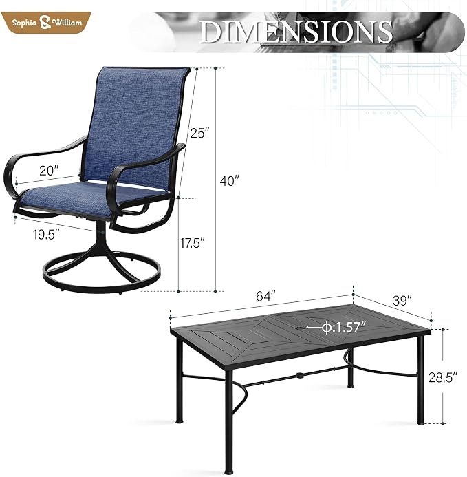 Sophia & William Outdoor Dining Set - 7 Piece Patio Set with Swivel Chairs & 64" Metal Table for Garden & Pool - All Weather Blue