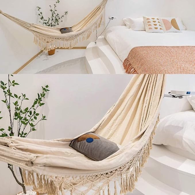 Handmade Boho Large Brazilian Macrame Fringe 2 Person Double Deluxe Hammock Swing Net Chair for Beach, Yard, Bedroom, Patio, Porch, Indoor, Outdoor, Wedding Decor 79" Lx 59" W