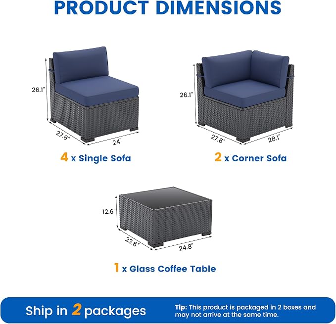 Patio Furniture Sets, 7-Piece Outdoor Patio Furniture with Thick Cushions,Coffee Table Outdoor All-Weather Conversation Set Sectional Sofa for Backyard, Poolside, Garden(Navy Blue)