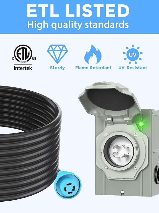 CircleCord 4 Prong 10 Feet 30 Amp Generator Extension Cord and Inlet Box with Locking Connector, Heavy Duty NEMA L14-30P/L14-30R, 125/250V 7500W 10 Gauge SJTW Generator to House Power Cord