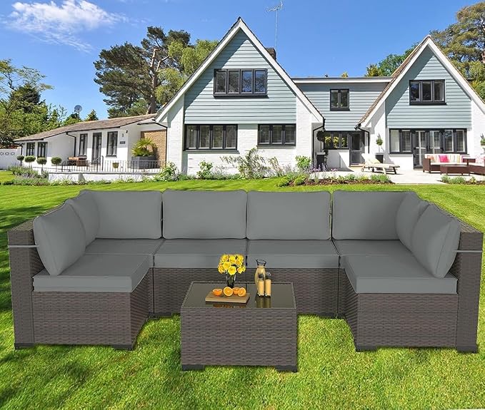 ALAULM 7 Pieces Patio Furniture Set Wicker Patio Conversation Set, Outdoor Sectional Furniture w/Coffee Table & Washable Seat Cushions-Grey