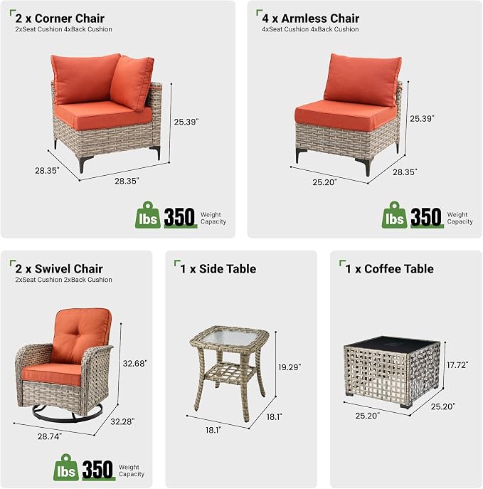 10 Piece Outdoor Patio Furniture with Swivel Rocking Chair, Rattan Wicker Conversation Set with Glowing Coffee Table, Sectional Single Chairs for Porch Balcony Backyard Pool,Orange