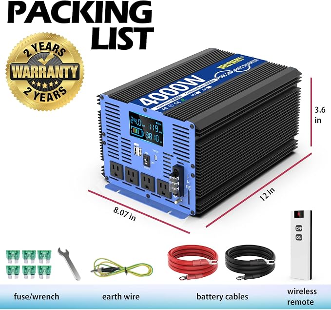 Pure Sine Wave Power Inverter - 4000W 24V DC to 110V/120V AC, 4 Sockets, Dual USB, Type-C, LCD Display, Remote Control for Home, RV, Solar, Car